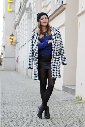 Women's White and Black Houndstooth Coat, Blue Crew-neck Sweater, Black Leather Mini Skirt, Black Leather Ankle Boots