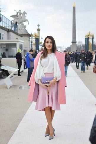 Women's Pink Coat, White Crew-neck Sweater, Pink Pencil Skirt, White and Black Check Leather Pumps