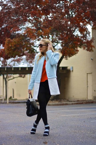 Women's Light Blue Coat, Red Crew-neck Sweater, Black Lace Shorts, White and Black Leather Heeled Sandals