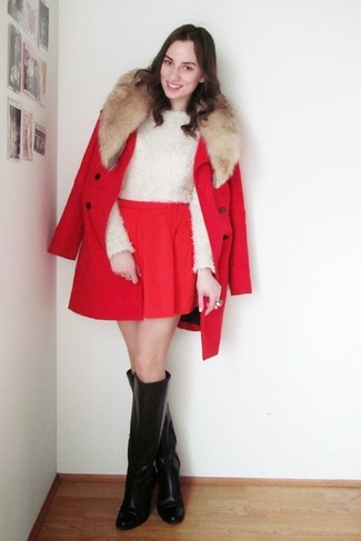 Women's Red Coat, White Fluffy Crew-neck Sweater, Red Skater Skirt, Black Leather Knee High Boots