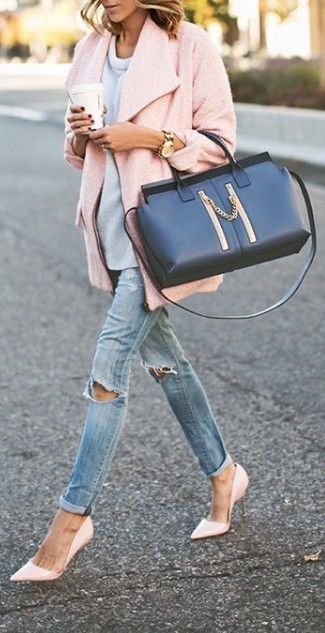 Women's Pink Coat, Grey Crew-neck Sweater, Blue Ripped Skinny Jeans, Pink Leather Pumps