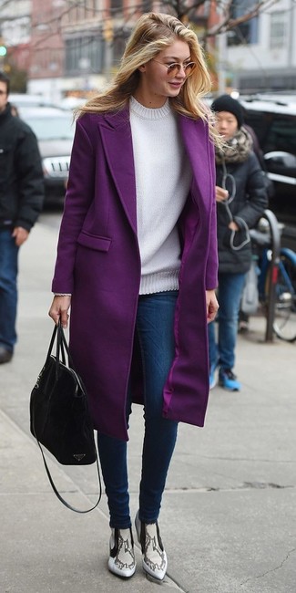 Grey Snake Leather Ankle Boots Outfits: A purple coat and blue skinny jeans are the ideal way to introduce extra cool into your current casual arsenal. A pair of grey snake leather ankle boots will pull the whole thing together.