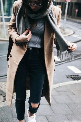Asymmetrical Zip Wool Blend Faux Leather Accent Tulip Coat