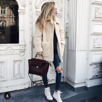 Burgundy Leather Satchel Bag Outfits: Why not try teaming a beige fleece coat with a burgundy leather satchel bag? Both items are totally comfy and will look good paired together. Let your sartorial sensibilities truly shine by finishing off your ensemble with a pair of white leather lace-up flat boots.