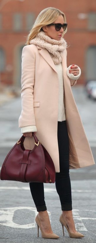 Women's Pink Coat, White Mohair Crew-neck Sweater, Black Skinny Jeans, Tan Suede Pumps
