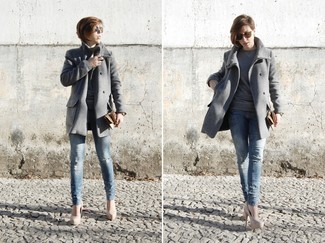 Women's Grey Coat, Grey Crew-neck Sweater, Blue Ripped Skinny Jeans, Beige Leather Pumps