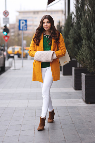 Women's Mustard Coat, Dark Green Crew-neck Sweater, White Skinny Pants, Brown Suede Ankle Boots