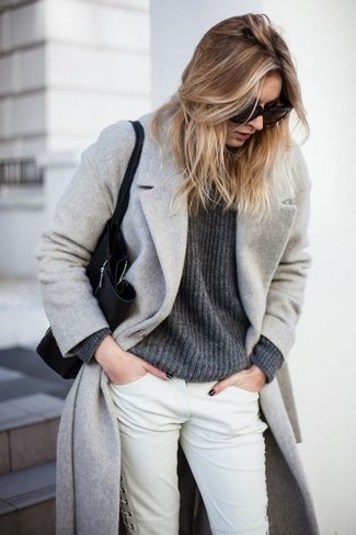 Women's Grey Coat, Charcoal Crew-neck Sweater, White Skinny Pants, Black Leather Tote Bag
