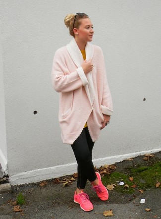 Women's Pink Coat, Mustard Crew-neck Sweater, Black Skinny Pants, Hot Pink Low Top Sneakers