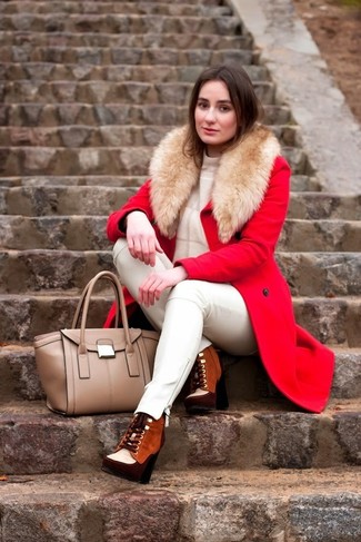 White Skinny Pants Outfits: A red coat and white skinny pants are among the foundations of a good wardrobe. Tobacco suede lace-up ankle boots are a safe footwear style here that's also full of character.
