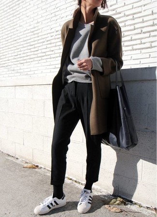 Women's Olive Coat, Grey Crew-neck Sweater, Black Tapered Pants, White and Black Leather Low Top Sneakers