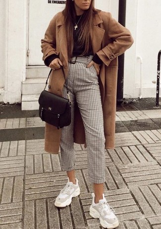 Women's Camel Coat, Black Crew-neck Sweater, Beige Check Tapered Pants, White Athletic Shoes