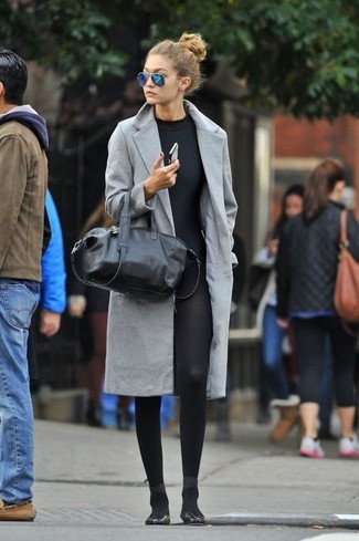 Gigi Hadid wearing Grey Coat, Black Crew-neck T-shirt, Black Leggings, Black Leather Ballerina Shoes