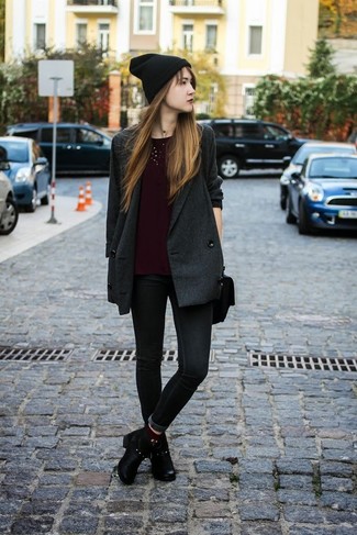 Women's Charcoal Coat, Burgundy Crew-neck T-shirt, Charcoal Skinny Jeans, Black Leather Ankle Boots