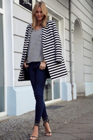 Women's White and Black Horizontal Striped Coat, White and Black Horizontal Striped Crew-neck T-shirt, Navy Skinny Jeans, Black Studded Leather Heeled Sandals