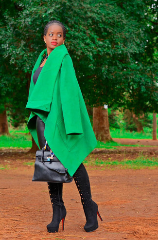 Black Suede Over The Knee Boots Outfits: Pair a green coat with black leather skinny pants for glamour with a clean finish. Introduce black suede over the knee boots to the equation and the whole look will come together brilliantly.