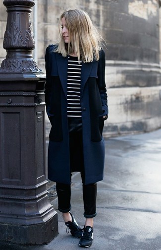 Blue Coat Outfits For Women: For an ensemble that's elegant and absolutely magazine-worthy, make a blue coat and black leather skinny pants your outfit choice. Balance out this ensemble with a more relaxed kind of shoes, like these black and white athletic shoes.