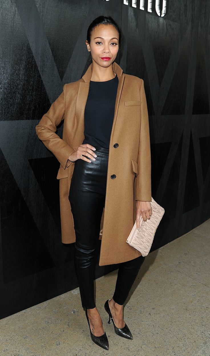 Zoe Saldana wearing Brown Coat Black Crew-neck T-shirt Black