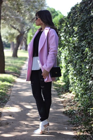 Women's Pink Coat, Black Cropped Sweater, White Silk Crew-neck T-shirt, Black Ripped Skinny Jeans