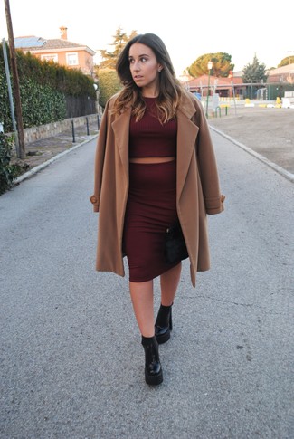 Women's Camel Coat, Burgundy Cropped Sweater, Burgundy Pencil Skirt, Black Chunky Leather Ankle Boots