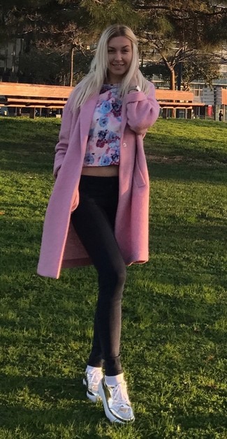 Women's Pink Coat, Pink Floral Cropped Sweater, Navy Skinny Jeans, Gold Leather Platform Loafers