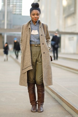 Women's Brown Coat, Grey Denim Shirt, Olive Chinos, Brown Leather Knee High Boots
