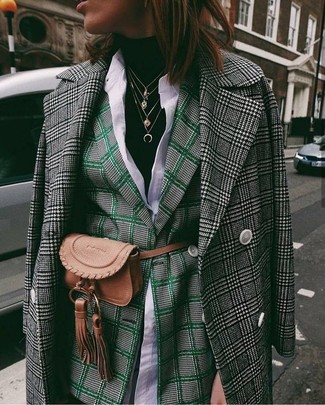 Olive Double Breasted Blazer Outfits For Women: This pairing of an olive double breasted blazer and a black and white houndstooth coat is very easy to copy and so comfortable to rock a version of as well!