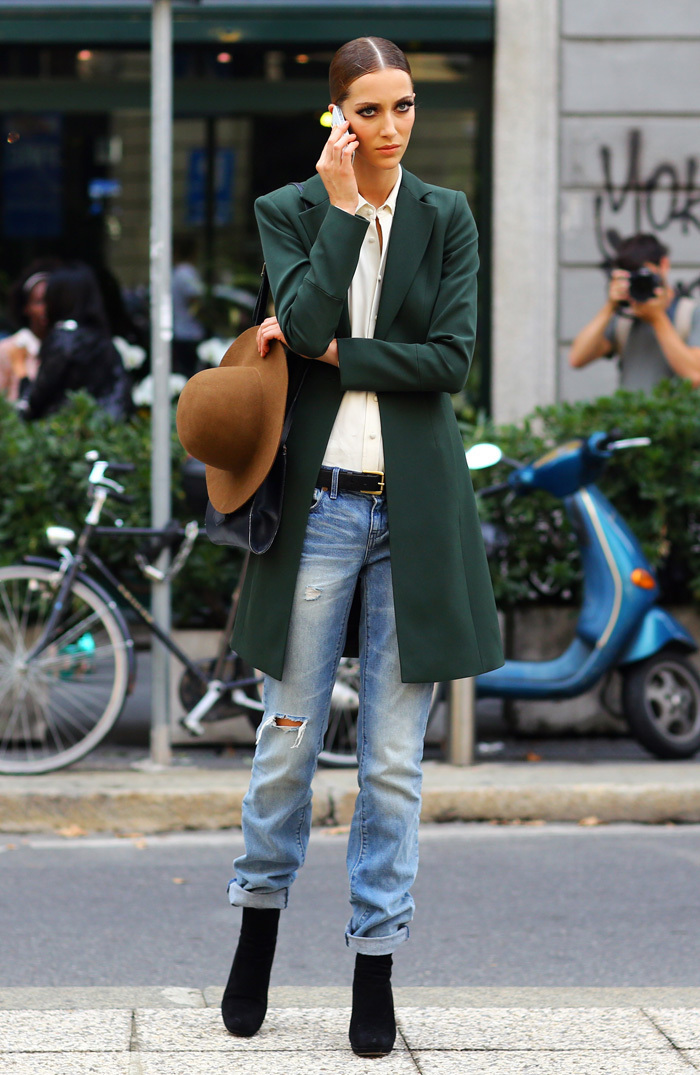 Women's Dark Green Coat, White Dress Shirt, Light Blue Ripped