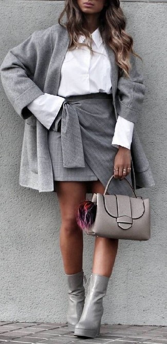 Women's Grey Coat, White Dress Shirt, Grey Slit Mini Skirt, Grey Leather Ankle Boots