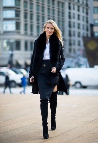 Navy Pencil Skirt Outfits: This combo of a black coat and a navy pencil skirt is the perfect base for an outfit. When it comes to footwear, this getup is finished off nicely with black suede over the knee boots.