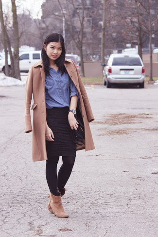 Women's Camel Coat, Blue Chambray Dress Shirt, Black Pencil Skirt, Tan Suede Ankle Boots