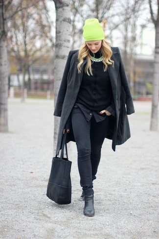 Women's Charcoal Coat, Black Dress Shirt, Black Skinny Jeans, Black Leather Ankle Boots