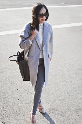 Women's Grey Coat, White Dress Shirt, Grey Skinny Jeans, Beige Studded Leather Pumps