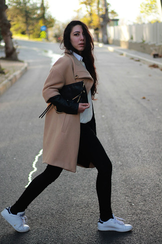 Black Clutch Chill Weather Outfits: Rushed mornings call for a straightforward yet totaly stylish look, such as a camel coat and a black clutch. White low top sneakers are a nice pick to round off your look.