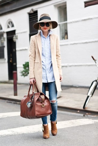 Women's Beige Coat, Light Blue Dress Shirt, Blue Ripped Skinny Jeans, Brown Leather Ankle Boots