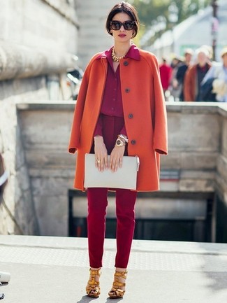Women's Orange Coat, Burgundy Dress Shirt, Burgundy Skinny Pants, Gold Leather Heeled Sandals