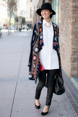 Women's Navy Embroidered Coat, White Dress Shirt, Black Leather Skinny Pants, Black Suede Pumps