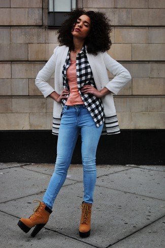 Women's White and Black Coat, White and Black Check Dress Shirt, Pink Tank, Blue Skinny Jeans