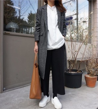 Women's Charcoal Coat, White Dress Shirt, Black Wide Leg Pants, White Slip-on Sneakers