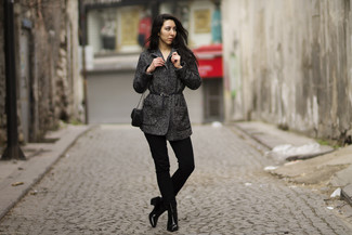 Women's Charcoal Herringbone Coat, Black Jeans, Black Leather Ankle Boots, Black Leather Crossbody Bag