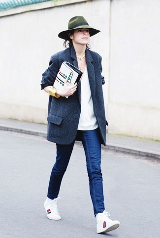 Women's Charcoal Coat, White Long Sleeve Blouse, Blue Jeans, White and Red and Navy Canvas High Top Sneakers