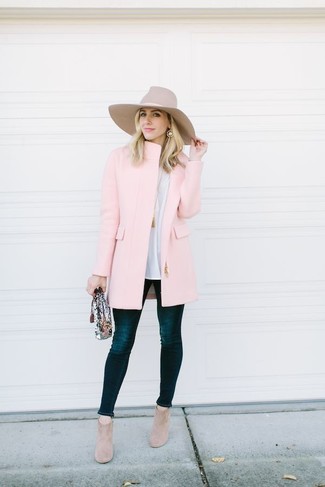 Women's Pink Coat, White Long Sleeve Blouse, Navy Skinny Jeans, Beige Suede Ankle Boots
