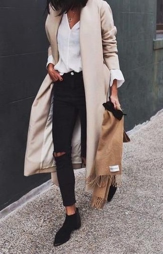 Women's Beige Coat, White Long Sleeve Blouse, Black Ripped Skinny Jeans, Black Suede Chelsea Boots