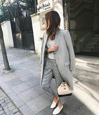Beige Long Sleeve T-shirt Outfits For Women: If you like comfort dressing, try pairing a beige long sleeve t-shirt with grey plaid dress pants. For a more relaxed touch, introduce white leather low top sneakers to your getup.