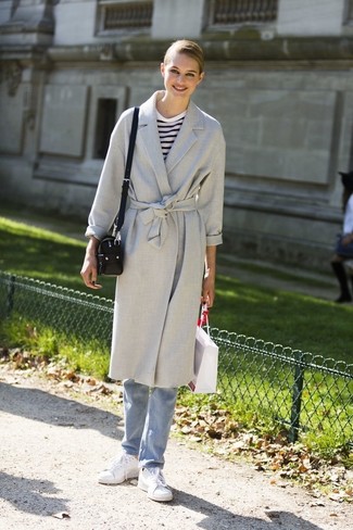 Women's Grey Coat, White and Navy Horizontal Striped Long Sleeve T-shirt, Light Blue Jeans, White Leather Low Top Sneakers