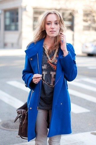 Women's Blue Coat, Charcoal Print Long Sleeve T-shirt, Grey Jeans, Dark Brown Leather Tote Bag