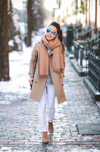Tan Suede Ankle Boots Outfits: A camel coat and white skinny jeans are the kind of a fail-safe casual combo that you need when you have no extra time. Let your styling credentials really shine by rounding off your getup with a pair of tan suede ankle boots.