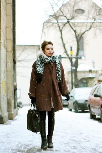 Women's Brown Coat, Black Leather Over The Knee Boots, Black Leather Tote Bag, Black Wool Gloves