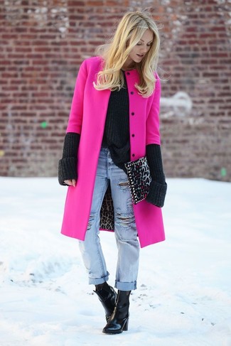Women's Hot Pink Coat, Black Oversized Sweater, Light Blue Ripped Boyfriend Jeans, Black Leather Ankle Boots