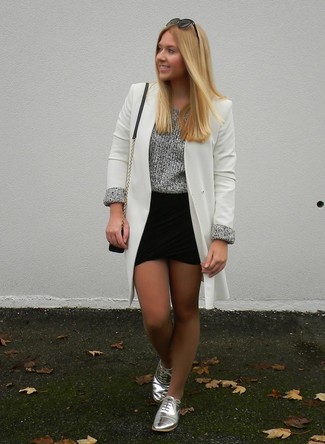 Women's White Coat, Grey Knit Oversized Sweater, Black Mini Skirt, Silver Leather Oxford Shoes